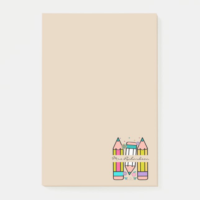 Färgglad lärar namn penna tecknad serie  post-it block (Framsida)