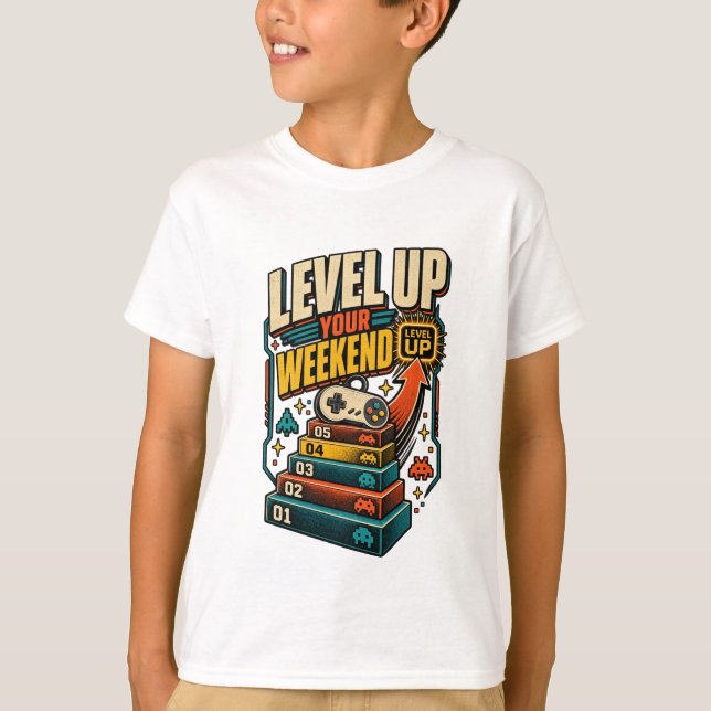 Färgglad Level Up Helg Gamer T Shirt (Framsida)