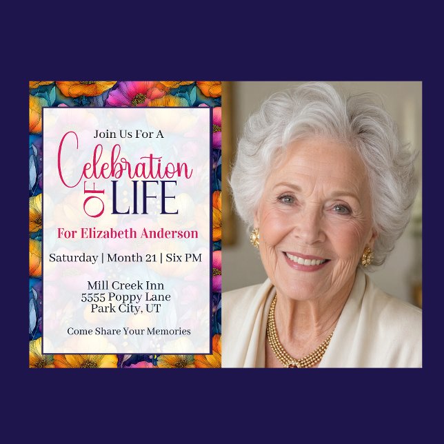 Färgglad Livlig Vallmo Blomster Firande Av Livet Inbjudningar (Colorful vibrant poppy flower celebration of life invitation with elegant floral border and photo )