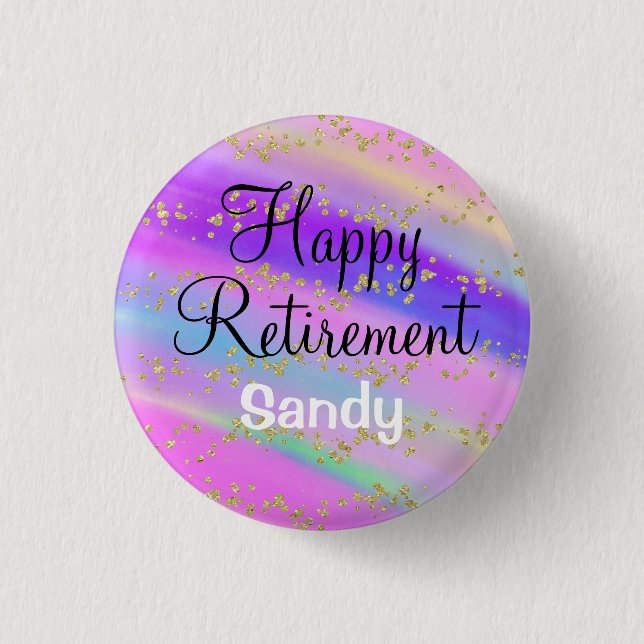 Färgglad Lycklig Pension Unicorn Guld Glitter Knapp (Framsida)