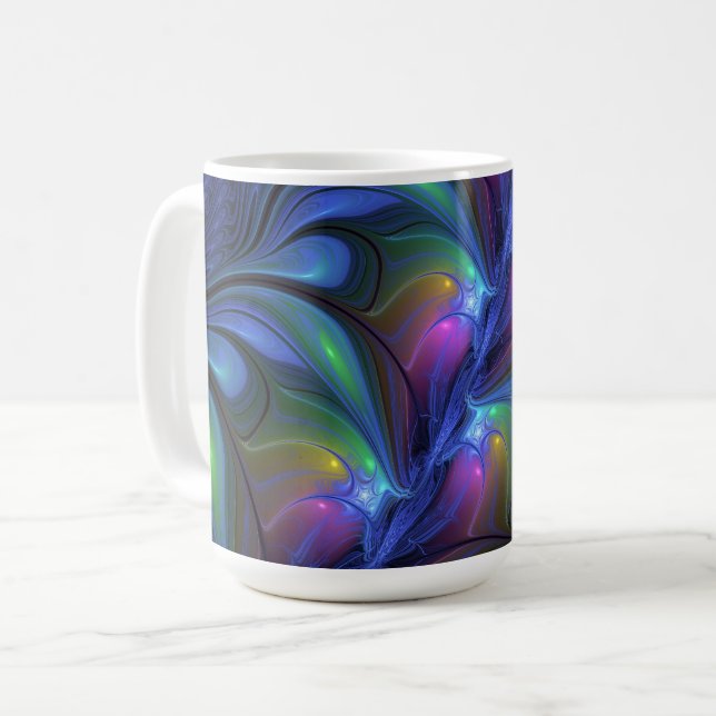 Färgglad Lysande Abstrakt Blå Rosa Grön Fraktal Kaffemugg (Framsida vänster)