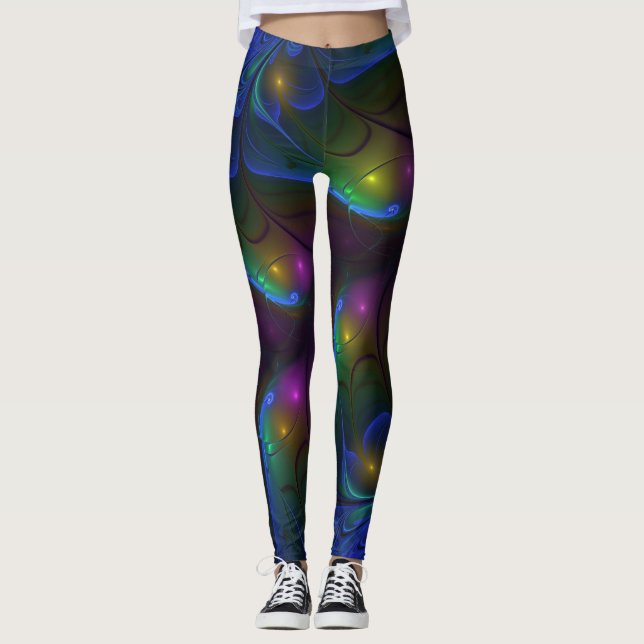 Färgglad Lysande Abstrakt Modern Trippig Fraktal Leggings (Framsida)