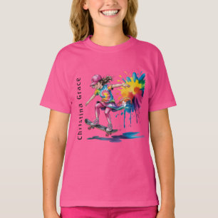 Färgglad Målad Flicka Skateboard Födelsedags Namn T Shirt