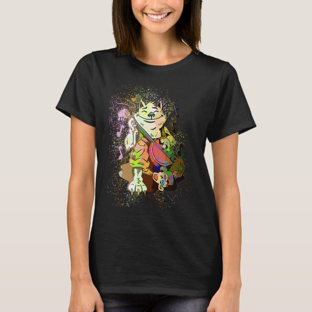 Färgglad målning stänk katt banjo spelare t shirt (Framsida)