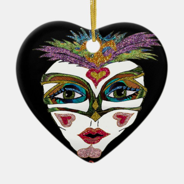 Färgglad Mardi Gras Glitter Fjädermask Julgransprydnad Keramik (Framsidan)
