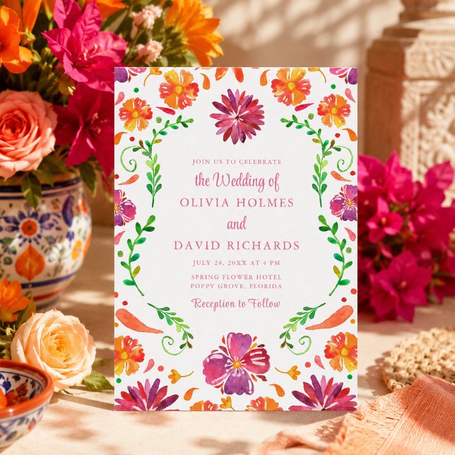 Färgglad mexikansk blomsterfiesta bröllopsinbjudan inbjudningar (Colorful Mexican Floral Fiesta Wedding Invitation)