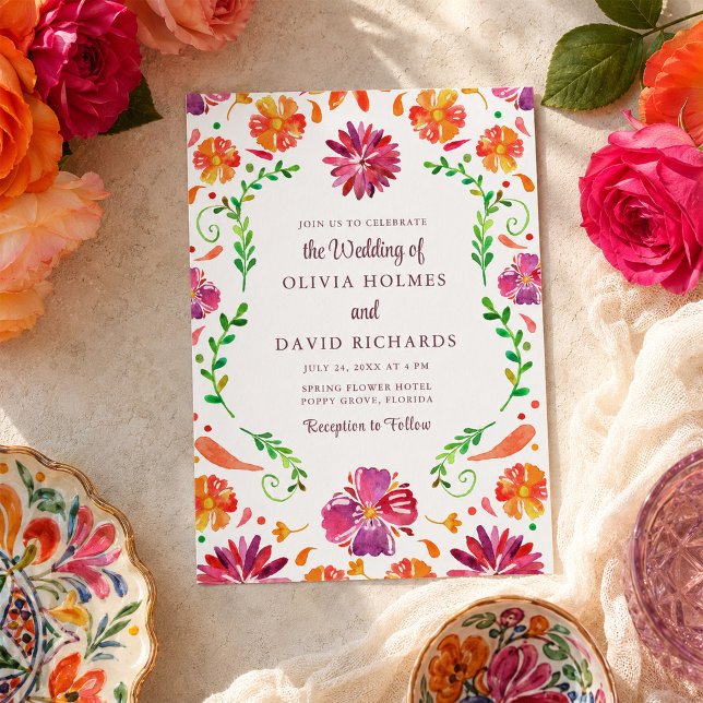 Färgglad mexikansk blomsterfiesta bröllopsinbjudan inbjudningar (Colorful Mexican Floral Fiesta Wedding Invitation)