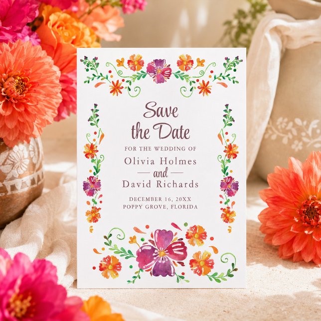 Färgglad mexikansk blomsterfiesta Spara datum-kort Inbjudningar (Colorful Mexican Floral Fiesta Save the Date Card)