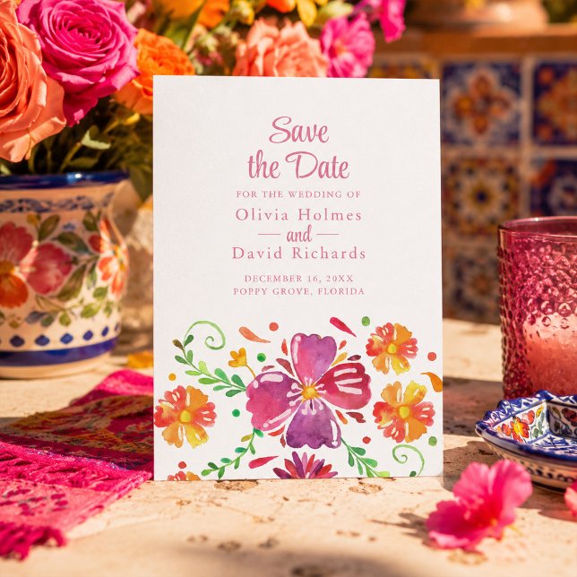 Färgglad mexikansk blomsterfiesta Spara datum-kort Inbjudningar (Colorful Mexican Floral Fiesta Save the Date Card)
