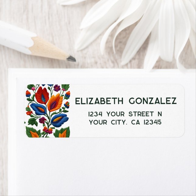 Färgglad mexikansk fiesta folkkonst blommig brodyr returadress etikett (Insitu)