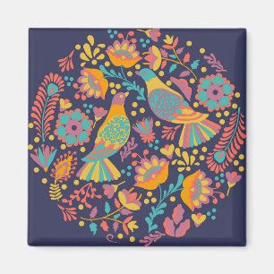 Färgglad mexikansk folkkonst Fåglar och blommor Bl Magnet
