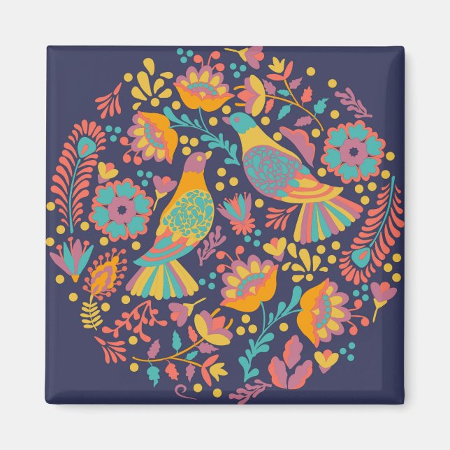 Färgglad mexikansk folkkonst Fåglar och blommor Bl Magnet (Framsidan)