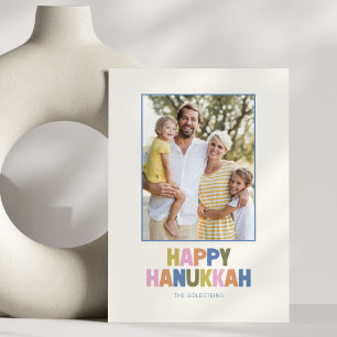 Färgglad Modern Hanukkah Familjefoto Blå Rand Julkort