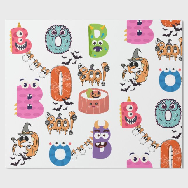 Färgglad monster “BOO” Halloween-serieteckning Presentpapper (Platt)
