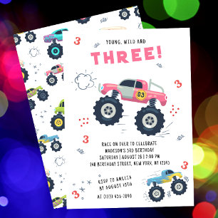 Färgglad Monster Truck Tredje Födelsedagsfest Inbjudningar