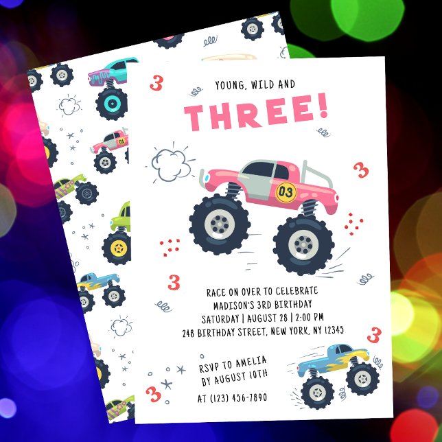 Färgglad Monster Truck Tredje Födelsedagsfest Inbjudningar (Skapare uppladdad)