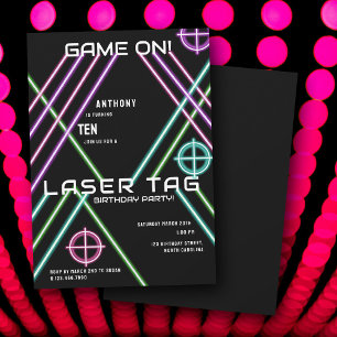 Färgglad neon laser tag födelsedagsfest inbjudningar