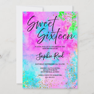Färgglad Neon Watercolor Söt Sexton Födelsedagsfes Inbjudningar