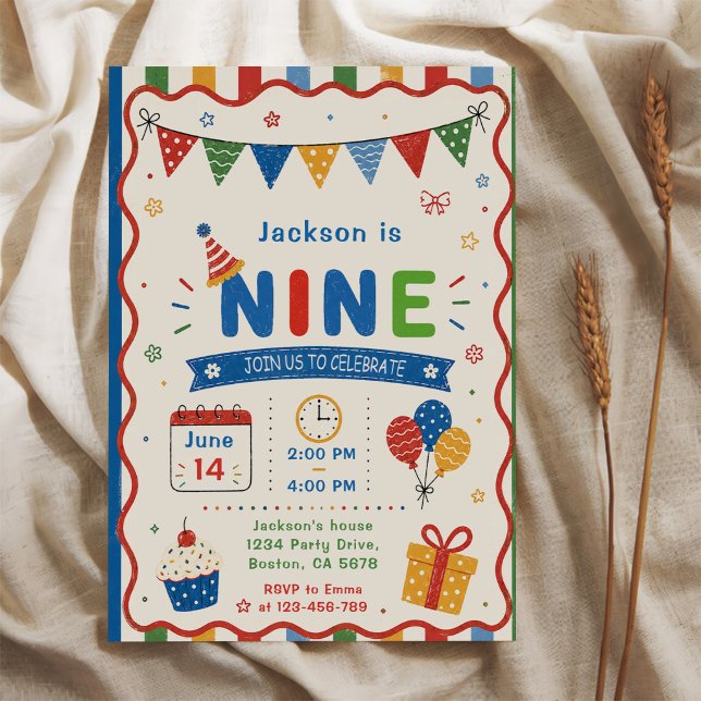 Färgglad NINE 9-års födelsedagsfest Inbjudningar (Skapare uppladdad)