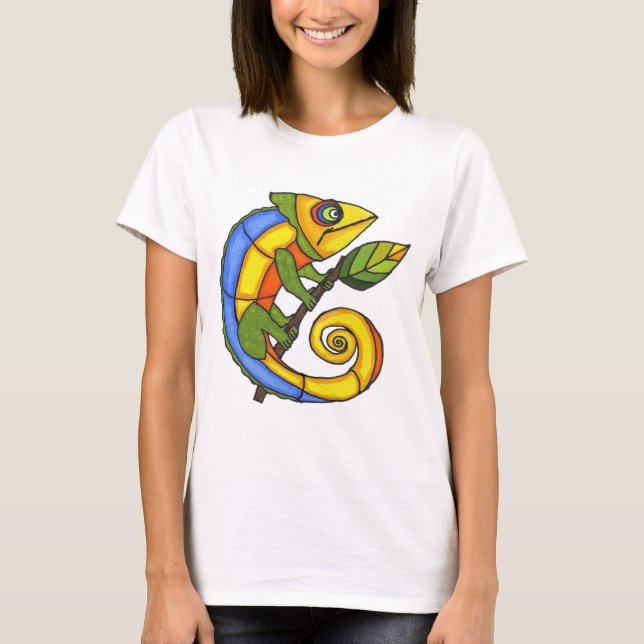 Färgglad ödla på en gren tee shirt (Framsida)
