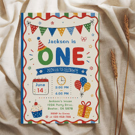 Färgglad ONE 1-års födelsedagsfest Inbjudningar
