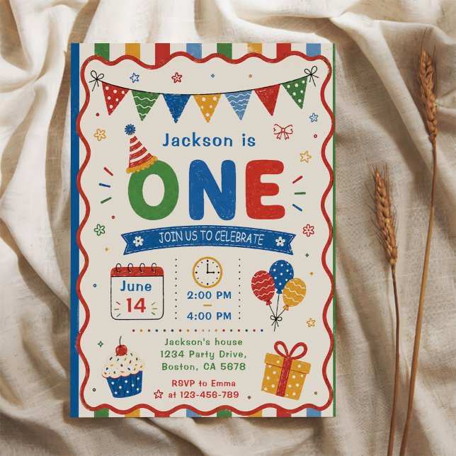Färgglad ONE 1-års födelsedagsfest Inbjudningar (Skapare uppladdad)