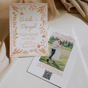 Färgglad Orange Tecknad Blommig Foto QR-kod Bröllo Inbjudningar