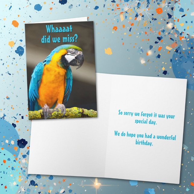 Färgglad papegoja för sent födelsedagskort-mall kort (Parrot photo card cover with template text on cover and inside.)