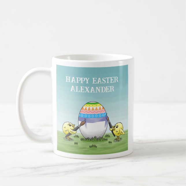 Färgglad påskägg är målad av hönsen kaffemugg (Vänster)