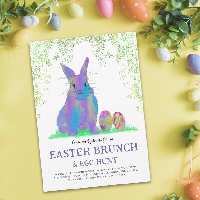 Färgglad Påskäggsjakt Brunch Söt Kanin Ägg Inbjudan Vykort (Easter egg hunt brunch cute purple bunny and eggs watercolor garden party postcard invitation)
