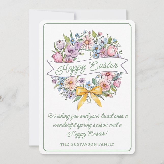 Färgglad påskblomsterkrans med gul slinga julkort (Framsida)