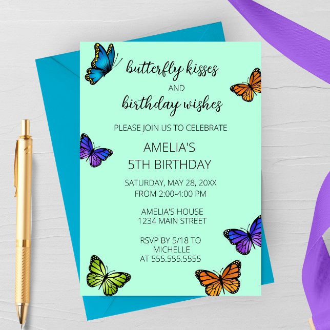 Färgglad Pastell Fjäril Kyssar Födelsedagsfest Inbjudningar (Colorful Pastel Butterfly Kisses Party Invite | Whimsical Garden Birthday )