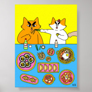 Färgglad Pastell Koreansk Mat Katt Illustration Poster