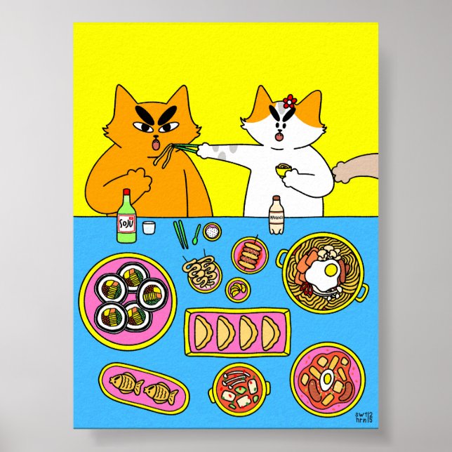 Färgglad Pastell Koreansk Mat Katt Illustration Poster (Framsidan)