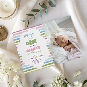 Färgglad Pastell Randig Foto 1-års Födelsedagsinbj Inbjudningar