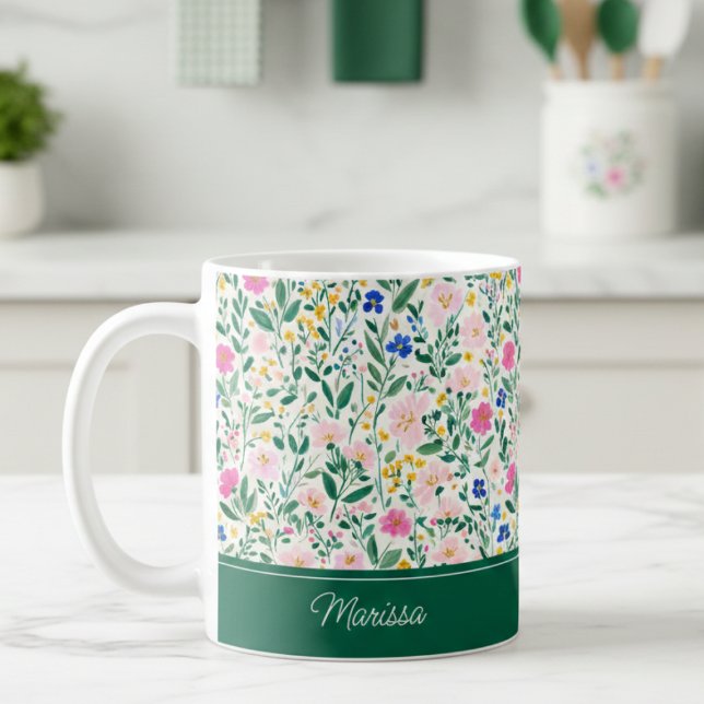 Färgglad personlig blomstermugg kaffemugg (cute colorful floral green pink personalized mug with custom monogram name)