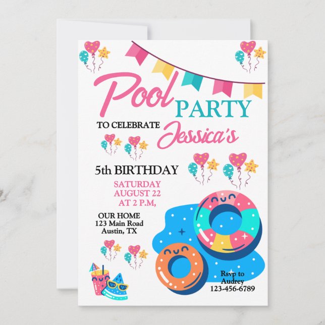 Färgglad Poolparty Födelsedag Inbjudningar (Framsida)