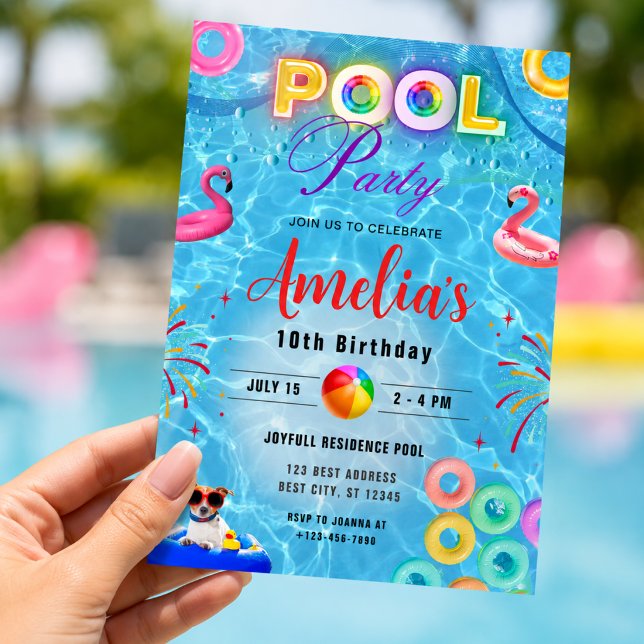 Färgglad poolparty födelsedagsinbjudan  inbjudningar (Skapare uppladdad)