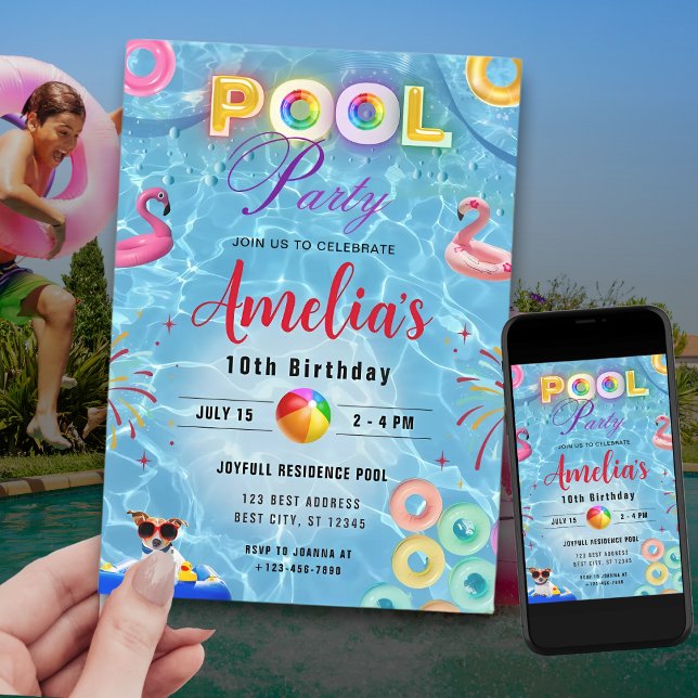 Färgglad poolparty inbjudan | Födelsedagsfirande (Skapare uppladdad)