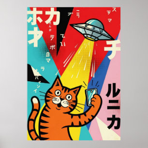 Färgglad Pop Art Katt med UFO-illustration Retro Poster