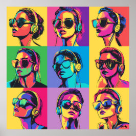 Färgglad Pop Art Kvinnor med Solglasögon & Hörlura Poster