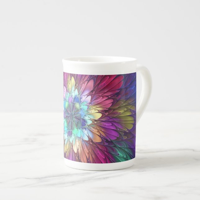 Färgglad Psykedelisk Blomma Abstrakt Fraktal Konst Benporslin Mugg (Framsida höger)