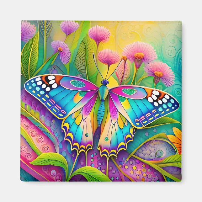 Färgglad Psykedelisk Fjäril och Vilda Blommor  Magnet (Framsidan)