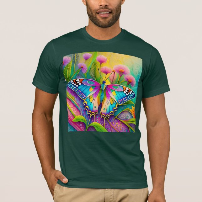 Färgglad Psykedelisk Fjäril och Vilda Blommor  T Shirt (Framsida)