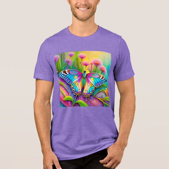 Färgglad Psykedelisk Fjäril och Vilda Blommor  T Shirt (Framsida)