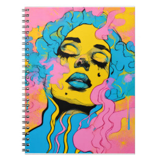 Färgglad Psykedelisk Kvinna Porträtt Pop Art Tryck Anteckningsbok