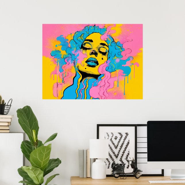 Färgglad Psykedelisk Kvinna Porträtt Popkonst Poster (Hemmakontoret)