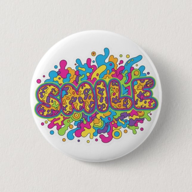 Färgglad Psykedelisk SMILE Typografi Konst Knapp (Framsida)