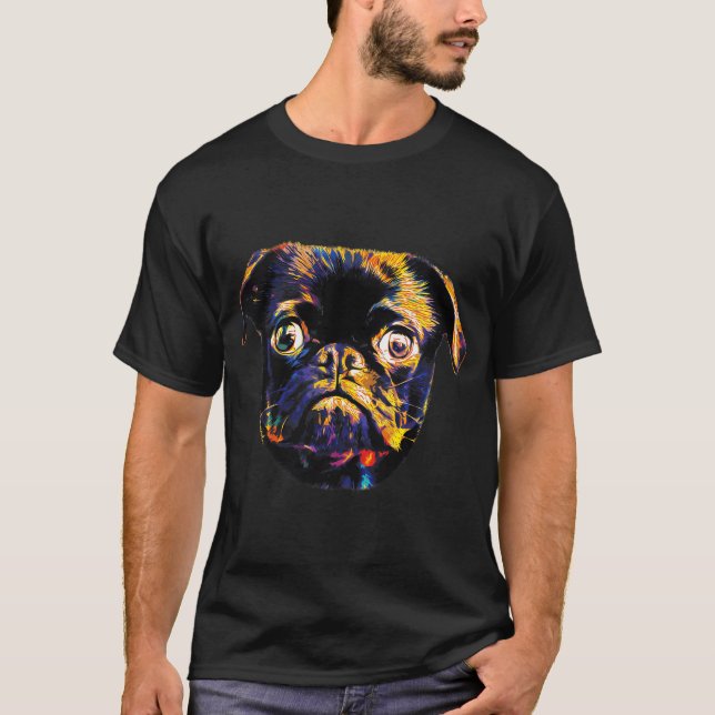Färgglad Pug Hund Svart version T Shirt (Framsida)