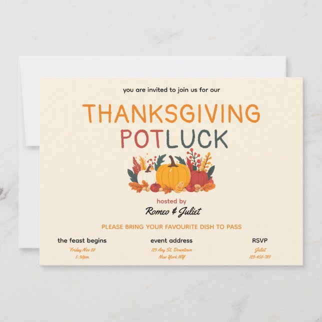 Färgglad Pumpa Thanksgiving Potluck Inbjudan (Framsida)